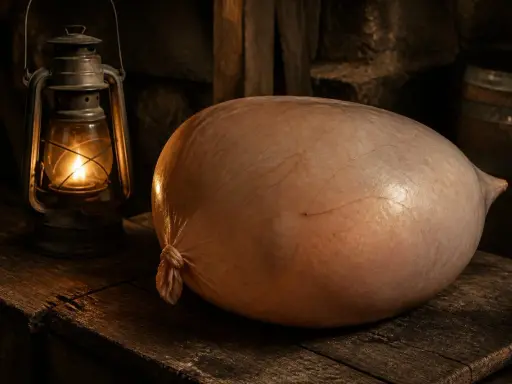 Une grosse saucisse, ressemblant à prendre des vessies pour des lanternes, repose sur une table en bois à côté d'une lanterne allumée.