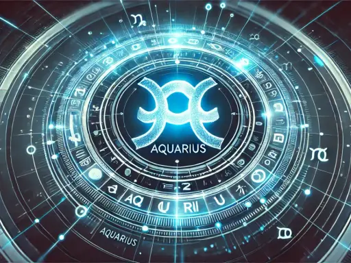 Cyfrowa tarcza z symbolami zodiaku i napisem AQUARIUS. Wodnik w ascendencie, otoczony kosmiczną energią.