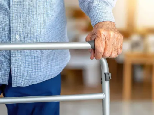 Dłoń seniora opiera się na chodziku, który może być dostępny w ramach NFZ, zapewniając wsparcie w codziennym poruszaniu się.