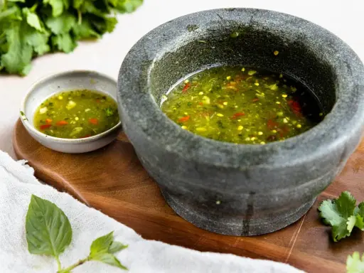 Frisch zubereitetes Nuoc Cham in einem Mörser und einer kleinen Schale, garniert mit Koriander und Basilikum.