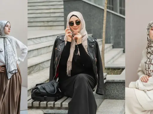 Three women showcase what is modest clothing: stylish hijabs and elegant outfits, blending tradition with modern fashion.