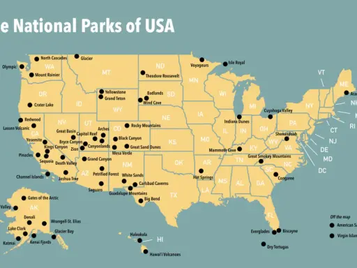 Karte der nationalparks USA mit Orten wie Yellowstone, Grand Canyon und Yosemite.