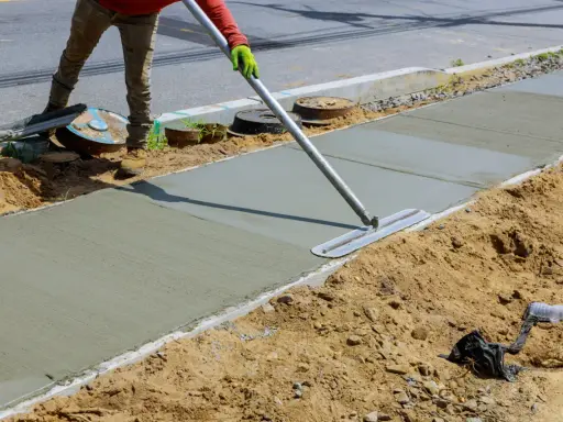 Robotnik wygładza świeży beton na chodniku za pomocą kielni.