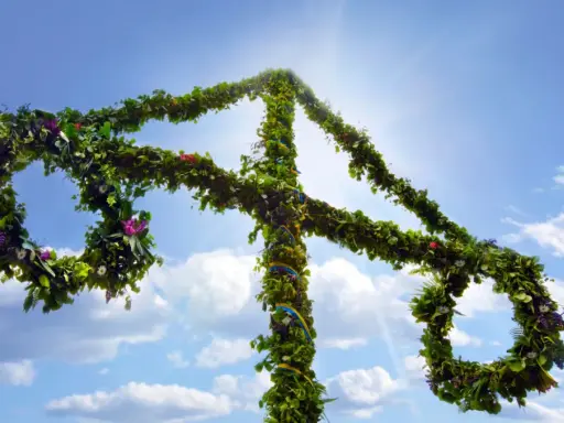 En midsommarstång, klädd i grönska och blommor, reser sig mot en klarblå himmel med solsken.