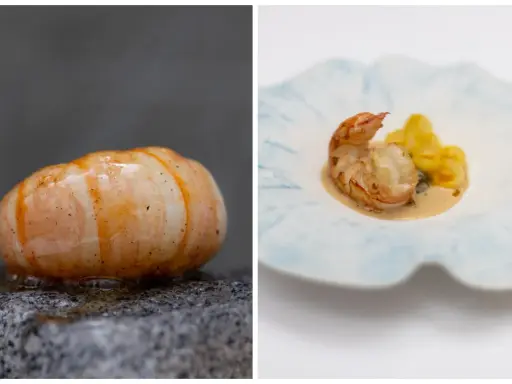 Crevette sur pierre et crevette avec gnocchis, deux présentations de spécialités parisiennes.