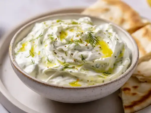 Krämig tzatziki med dill och olivolja, perfekt till pitabröd. Ett enkelt tzatziki recept att prova!