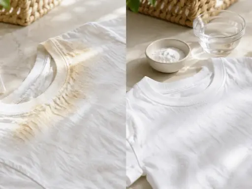 T-shirt avec une tache de crème solaire à gauche, et un t-shirt propre à droite, prêt à être lavé.