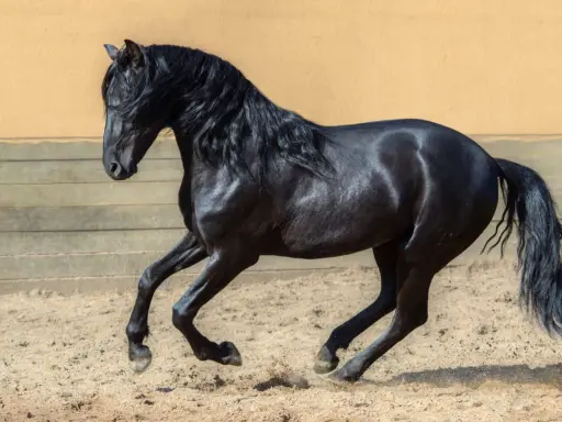Schwarzes Pferd mit wallender Mähne galoppiert nicht an, sondern hebt kraftvoll die Hufe im Sand.