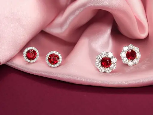 Orecchini con rubino sintetico valore, incastonati su seta rosa.