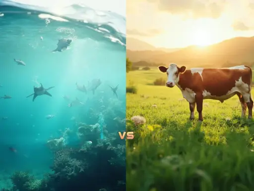 Comparaison entre le collagène bovin et marin : une vache dans un pré ensoleillé face à des poissons et requins dans l'océan.