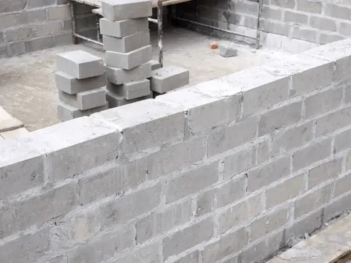 Ściana z bloczków fundamentowych w trakcie budowy. Widać stosy bloczków, które czekają na ułożenie.