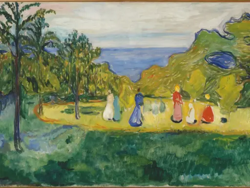Edvard Munchs barn leker vid havet bland grönska och träd.