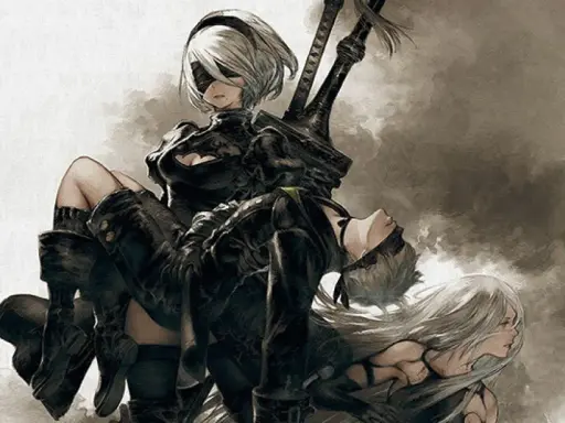 2B trzyma 9S, gdy A2 patrzy w dal. Obrazek idealny do spolszczenia Nier Automata.