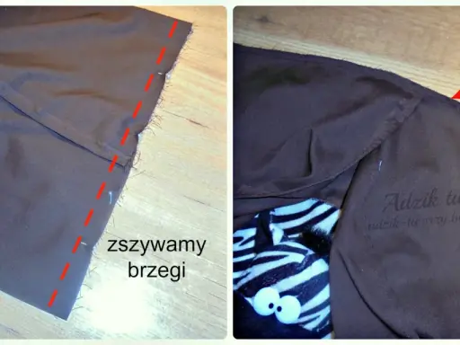 Szycie poduszki DIY. Brązowy materiał, czerwona linia wskazuje szew. W środku widać pluszową zebrę.