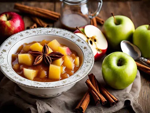 Délicieuse compote pommes mirabelles, garnie d'une étoile de badiane, entourée de pommes fraîches et de bâtons de cannelle sur fond de bois.