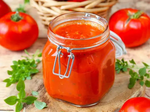 Un bocal de sauce tomate maison, avec des tomates fraîches et du basilic disposés autour.