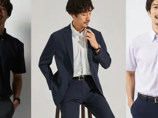 Three men showcase different dress shirt colors: navy, white, and light purple.