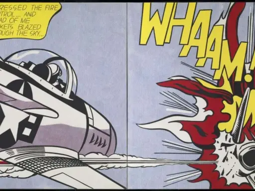 Famous Roy Lichtenstein pop art depicts a fighter jet firing rockets, with a massive explosion and "WHAAAM!" text.