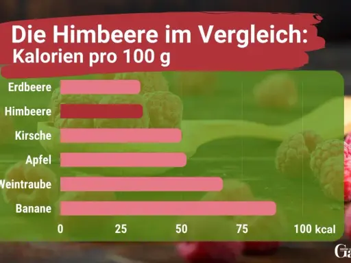 Vergleich von Kalorien pro 100g: Himbeeren sind gesund und haben weniger Kalorien als Bananen.