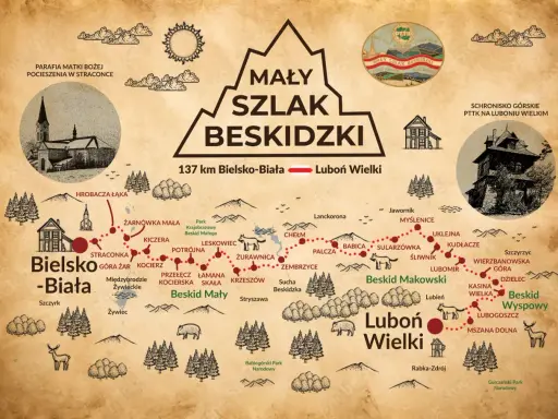 Mapa szlaków długodystansowych w Polsce: Mały Szlak Beskidzki, 137 km z Bielska-Białej na Luboń Wielki.