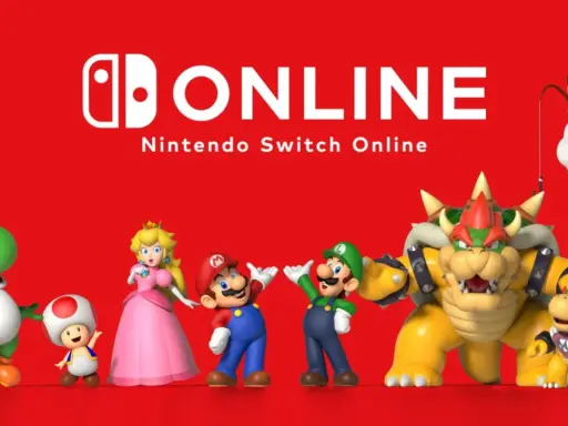 Postacie z Mario świętują z napisem Nintendo Switch Online. Yoshi, Toad, Peach, Mario, Luigi, Bowser i Bowser Jr. zapraszają do gry online.