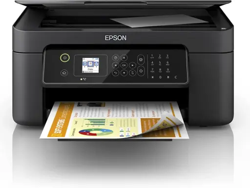 Stampante Epson multifunzione, probabilmente a getto d'inchiostro, con scanner integrato e pannello di controllo con display.