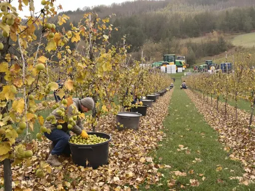 Récolte de fruits verts sur un kiwi arbre, des travailleurs remplissent des seaux tandis que des tracteurs attendent au fond.