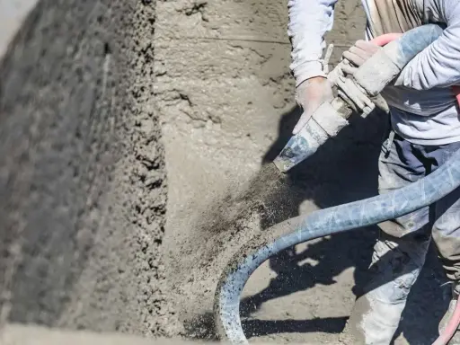 Un trabajador aplica hormigón proyectado a una pared con una manguera. El material salpica al ser aplicado.