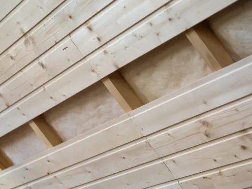 Pose de lambris en bois clair, montrant la structure sous-jacente et l'isolant.