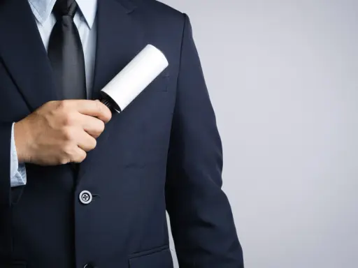 A man in a dark tuxedo uses a lint roller to clean his jacket, showing a simple way how to clean a tuxedo.