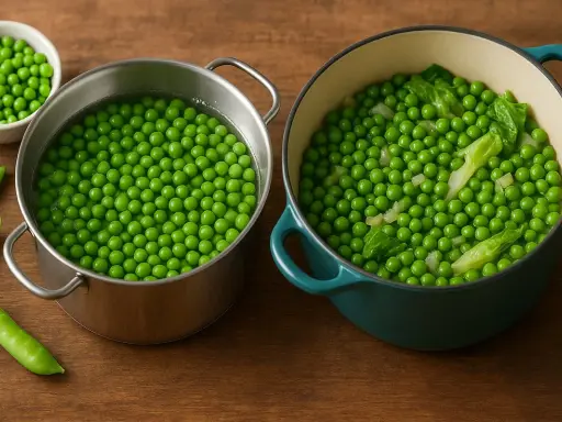 Deux casseroles de pois gourmand en cuisson. L'une contient des pois dans l'eau bouillante, l'autre des pois cuits avec des feuilles vertes.