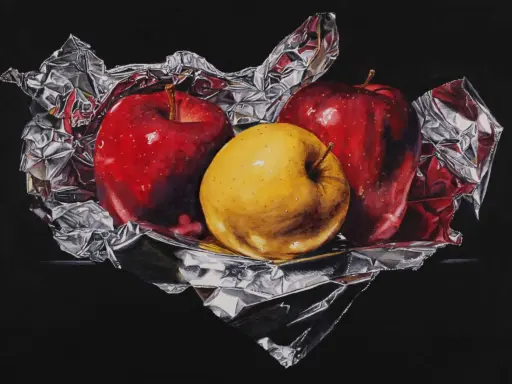 A still life painting by skilled artists depicts two red apples and one yellow apple nestled in crumpled silver foil against a black background.
