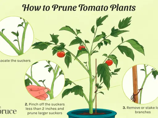 Illustration showing how to prune tomato plants, including locating and pinching off suckers for healthier growth.