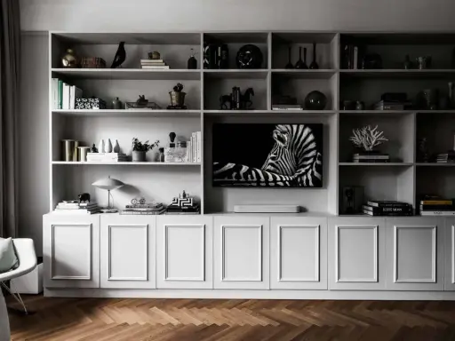 Elegant inbyggd bokhylla inspiration med zebra-konst, böcker och dekorativa föremål.