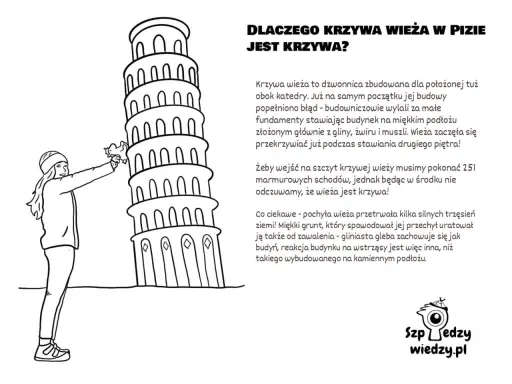 Dziewczynka z kotkiem przy krzywej wieży w Pizie. Dlaczego wieża w Pizie jest krzywa? Bo budowniczowie popełnili błąd.