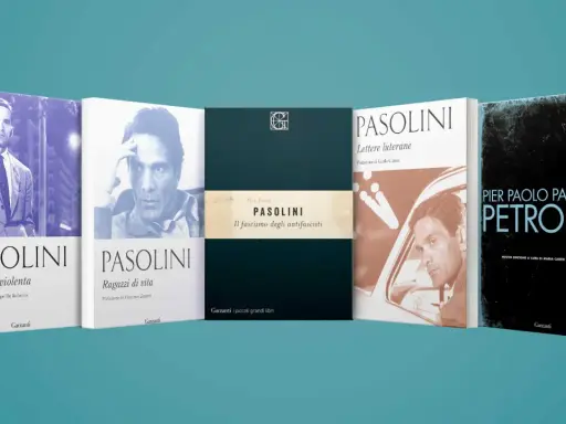 Copertine di opere di Pier Paolo Pasolini: "Una vita violenta", "Ragazzi di vita", "Il fascismo degli antifascisti", "Lettere luterane" e "Petrolio".