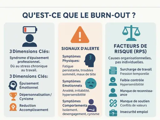 Infographie sur le burn-out, maladie professionnelle reconnue par l'Ameli. Elle détaille les dimensions clés, les signaux d'alerte et les facteurs de risque.