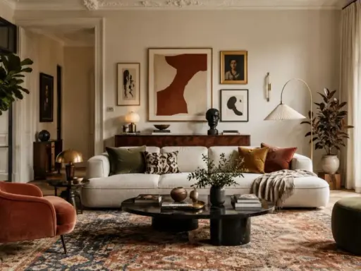 Przytulny salon w stylu naturalnym. Miękka sofa, aksamitny fotel i bogaty dywan tworzą ciepłą atmosferę.