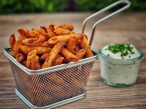 Knusprige Nudel-Chips in einem Metallkorb, daneben ein Glas Dip mit Schnittlauch.
