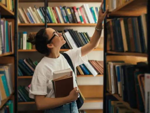 Młoda kobieta w okularach wybiera książkę z półki w bibliotece, trzymając inne w ręku.