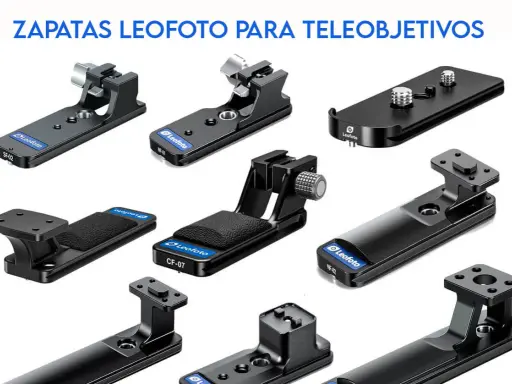 Varias zapatas Leofoto para cámara, diseñadas para teleobjetivos, con diferentes formas y tamaños.