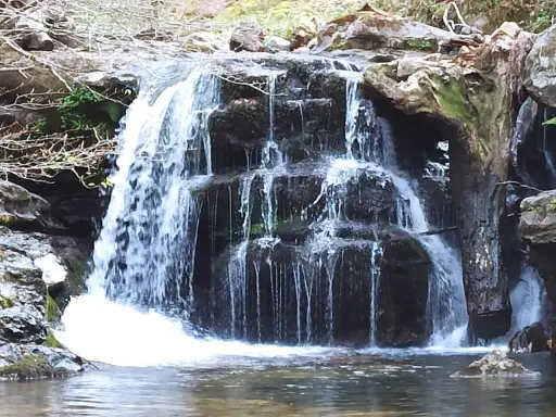 Cascada en el **valle de Cabuérniga**, con agua cayendo en varios niveles sobre rocas oscuras y musgosas, formando un remanso tranquilo.