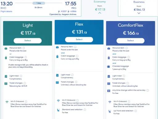 Jämför priser för Aegean Airlines handbagage. Välj mellan Light, Flex och ComfortFlex för din resa.