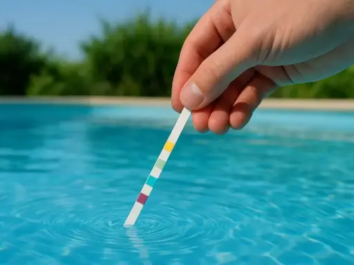 Teststicka i grumligt vatten i en pool. Färger på stickan visar vattenkvaliteten.