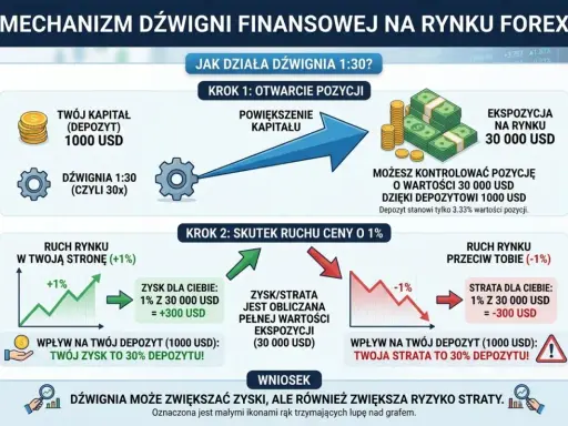 Dźwignia 1:30 na Forex powiększa kapitał z 1000 USD do 30 000 USD. Ruch ceny o 1% daje 30% zysku lub straty na depozycie.
