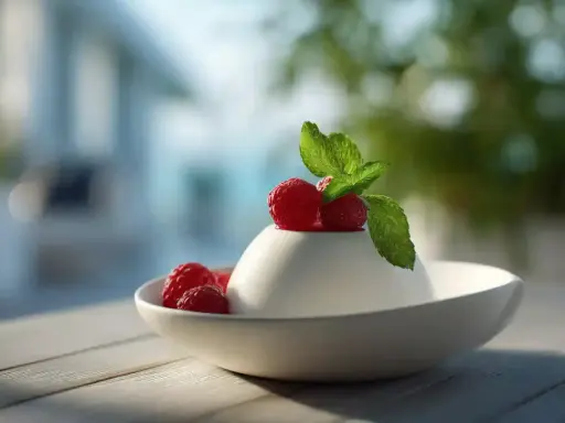 Délicieux panna cotta framboise, garni de fruits rouges frais et d'une touche de menthe, prêt à être dégusté.