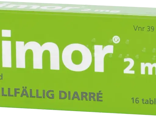Dimor 2 mg, ett medicin mot magsjuka, lindrar tillfällig diarré. Förpackningen innehåller 16 tabletter.