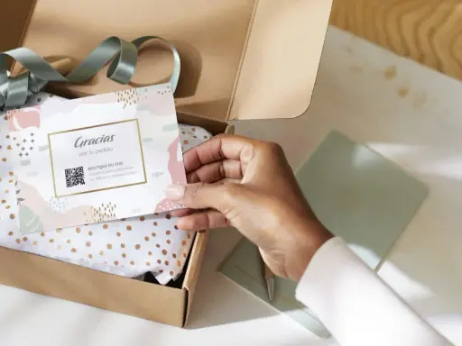 Tarjeta de agradecimiento tamaño postal con código QR, dentro de una caja de regalo abierta con papel de seda dorado.