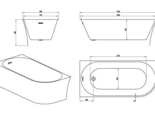 Disegni tecnici di una vasca da bagno con indicazioni sulle dimensioni: lunghezza 1700 mm, larghezza 800 mm, altezza 580 mm.
