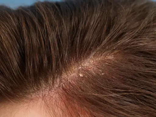 Gros plan sur un cuir chevelu avec des pellicules visibles, expliquant pourquoi j'ai des pellicules.